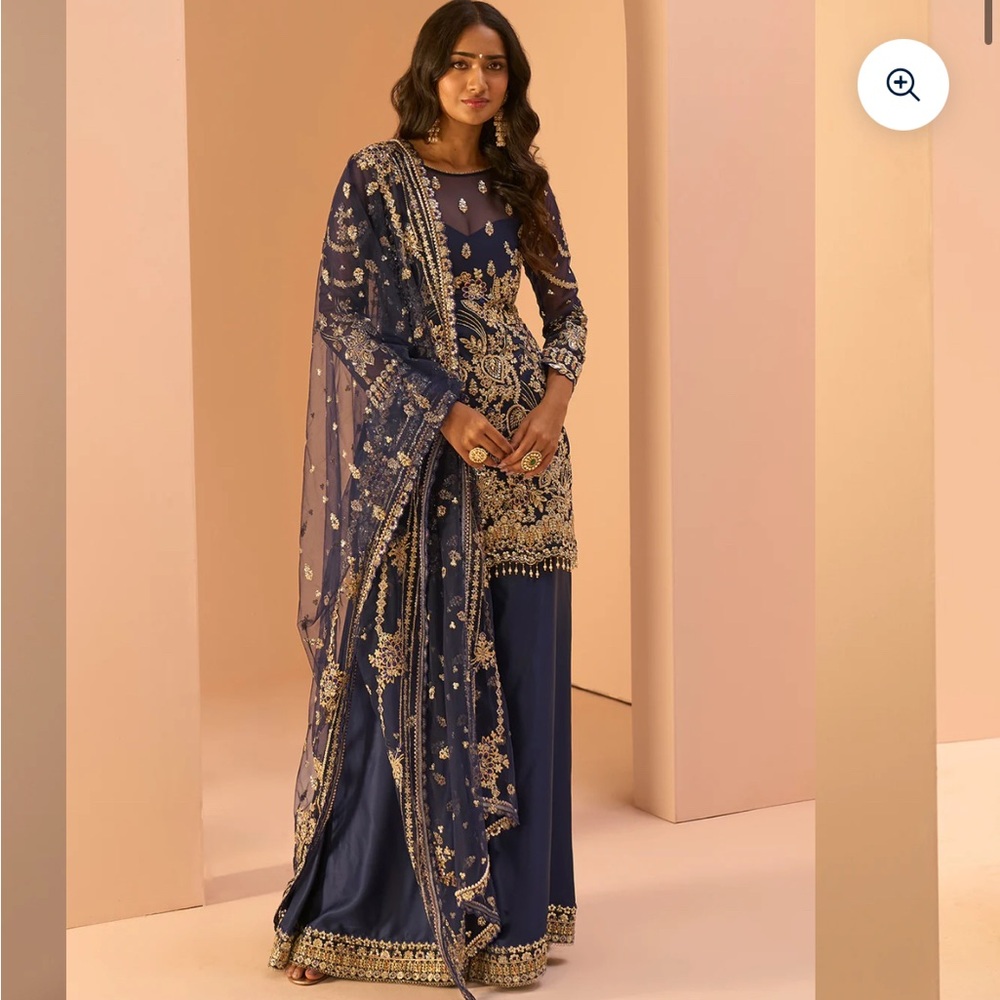 Elegant Blue and Gold Embellished Sharara